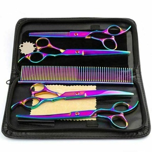 Kit profesional de corte de pelo y aseo de perros para mascotas, tijeras rectas curvas con mango de cerámica con peine, juego de tijeras de belleza - Product Image 1
