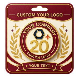 Badge d'entreprise personnalisé pour le 20e anniversaire, en alliage de zinc plaqué or, émail dur, emblème circulaire avec impression en relief - Product Image 1