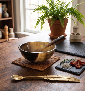 Tazón para Servir Hecho a Mano con Cuerno de Búfalo de Primera Calidad – Vajilla Orgánica Única con Cuchara de Madera para Cocina, Comedor y Regalos - Product Image 3
