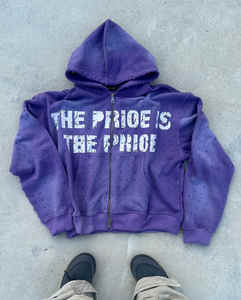 Fabricante personalizado Rhinestone puntiagudo desgastado parche bordado Unisex Sudadera con capucha apliques Vintage ácido lavado Zip Up sudaderas con capucha - Product Image 1