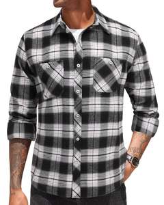 Chemise à carreaux personnalisée pour homme, noire et blanche, à manches longues, décontractée, en flanelle, avec poche, douce, pour l'automne et l'hiver, vente en gros - Product Image 1