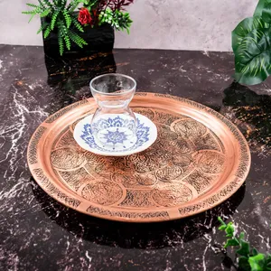 ถาดเสิร์ฟทองแดงทรงกลมทำด้วยมือแบบโบราณสำหรับงานเลี้ยงและงานปาร์ตี้ดีไซน์แบบดั้งเดิมสำหรับขนมชาและของตกแต่งโต๊ะ - Product Image 1
