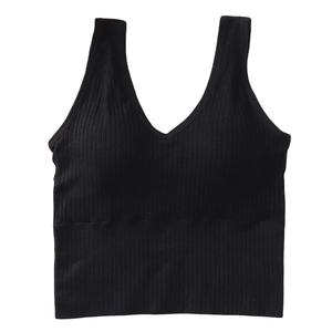 Camiseta sin mangas corta acanalada con cuello en V de verano con almohadillas desmontables para sujetador Sin mangas Color sólido Sin espalda Sujetador deportivo Top Estilo simple Logotipo frontal - Product Image 4