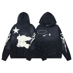 Recién llegado, suéter desgastado con diamantes de imitación de 500GSM de peso pesado, sudaderas con capucha cuadrada recortada con lavado ácido desteñido al sol térmico para hombres - Product Image 6