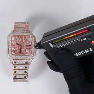 Montre élégante de luxe simple à petit cadran entièrement sertie de diamants, cristal saphir, bracelet en cuir, mouvement à quartz, résistante à l'eau, montre pour femme avec diamants - Product Image 2