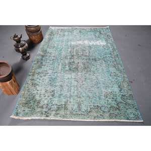 Alfombra turca antigua azul verde de 5x7 pies, lana clásica de área grande con respaldo de látex, patrones abstractos rectangulares para uso en el pasillo - Product Image 1