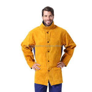 Veste de soudage en cuir de vache jaune brun avec logo personnalisé, manches en polyester, ignifuge, anti-rayonnement, résistante à la chaleur 300-500C - Product Image 4