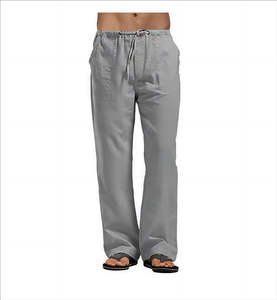 Fashionable 100% Cotton Linen Pants for Men <b>Summer</b> Wear Solid Color Breathable Elastic Waist <b>Trousers</b> - Product Image 1