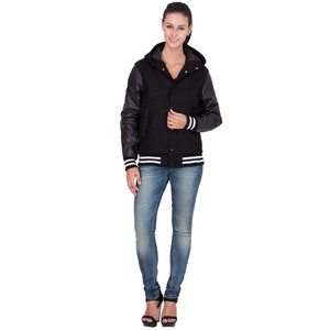 Veste universitaire à capuche pour femme, noire, manches en similicuir, mélange de laine, coupe-vent, manteau d'automne avec rayures contrastées, coupe classique - Product Image 6