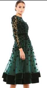 V-neck Embellished Beading Illusion Elegant Mature Women Cocktail Dress Long Sleeve Fit <b>Flare</b> Waist Embroidery Pearl Night Club - Product Image 2