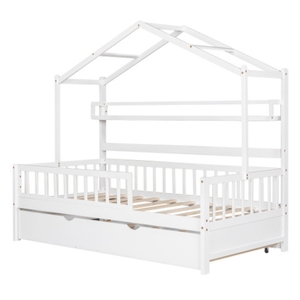 Cama de casa de madera de tamaño doble con nido, cama para niños con estante, muebles para niños al por mayor vietnamitas blancos - Product Image 3