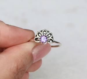 Solid 925 Sterling Silver Simple Vintage Rhodium Plated Bezel Set Christian Women's/Unisex Ring Natural Amethyst Mandala <b>Lotus</b> - Product Image 5