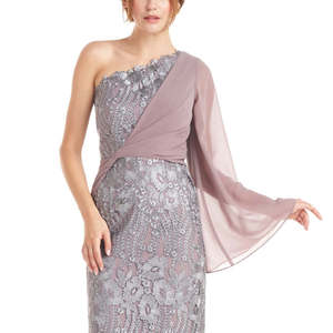 Abito da sera monospalla Amari da donna JS Collections in chiffon grigio, lunghezza al pavimento, taglie forti XL, vita naturale, con paillettes - Product Image 3