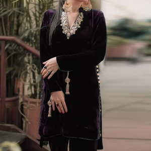 Designer 2024 Elegant Embellished Crystal Glass Beads Dabka Work Velvet Fabric Kurta <b>Pant</b> Dupatta Lace Button for Party-Wear - Product Image 1