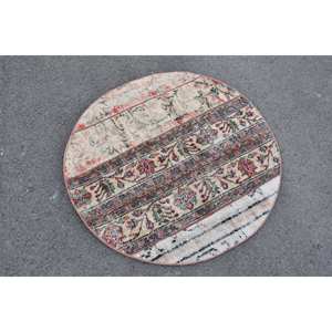 พรมสีเบจสไตล์ตุรกีโบราณขนสัตว์แฮนด์เมดขนาด3.1x3.1ฟุตมีแผ่นรองทำจากยางลายเย็บปะสี่เหลี่ยมผืนผ้าสำหรับข้างเตียง - Product Image 2