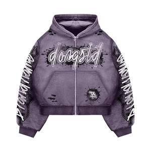 เสื้อฮู้ดดี้สตรีทแวร์ประดับคริสตัลแบบสั่งทำพิเศษ คุณภาพสูง ผ้าเฟรนช์เทอร์รี่เนื้อหนา สไตล์วินเทจ ทรงบ็อกซี่ แบบครอป ซิปหน้า - Product Image 2