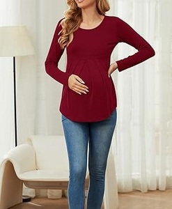 Camiseta de Maternidad para Mujer Embarazada, 100% Algodón, Color Rojo, Lisa, Manga Larga, Ropa de Verano, Camisetas de Maternidad - Product Image 3