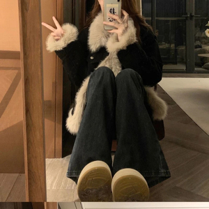 Krisstargirls 2025 Automne Manteau pour femme en fausse fourrure noire à col montant, manches longues, chaud, décontracté, quotidien, tendance - Product Image 5