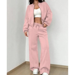Gris Bomber Veste Pantalon Femmes 2 Pièces Ensemble Casual À Manches Longues Fermeture Éclair Manteau Casual Solide Sweat Pantalon Costume - Product Image 1