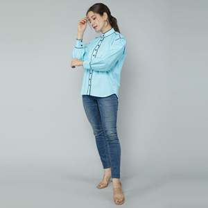 Blusa Formal Azul Cielo de Popelina de Algodón para Mujer, Estilo Casual de Negocios, Corte Ajustado, Tallas XL y 4XL, para Oficina, Temporada de Otoño - Product Image 4