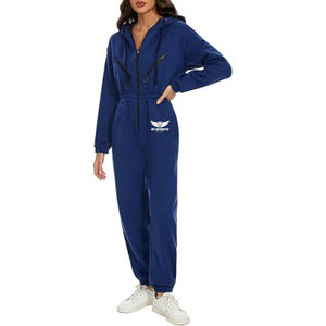 Combinaison polaire zippée à manches longues pour femmes avec capuche brodée vêtements de nuit de yoga barboteuse avec poches tricotées - Product Image 1