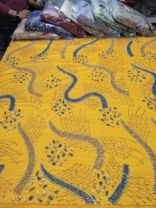 Tissu en filet de cristal jaune royal brodé à la main avec des broderies en zari et des strass, tissu de broderie élégant pour la couture et l'artisanat - Product Image 5