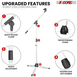 5 Core Mic Stand Floor Height Adjustable <b>Tripod</b> Microphone Stands w Extending Telescoping Boom Arm - Product Image 5
