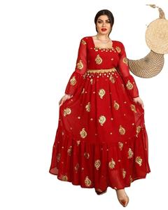 2023 élégant dubaï robes de soirée rouge manches évasées col carré brodé Robe Robe perles longue hiver automne veste moyen - Product Image 1