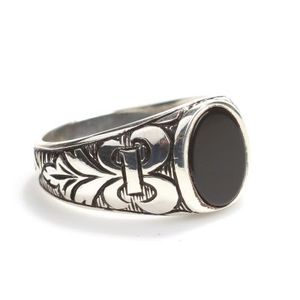 925 Sterling Silver Men's <b>Ring</b> with <b>Turquoise</b> Oval Onyx and Geometric Pattern Bezel Set and Rhodium Plated for Everyday Wear - Product Image 1