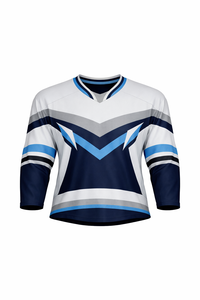 Jersey de Hockey sobre Hielo Geométrico Azul Marino y Blanco para Hombre, Manga Tres Cuartos, Cuello en V, Absorbe la Humedad, Sublimado - Product Image 1