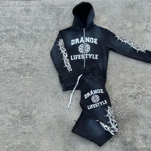 Conjunto de ropa de calle serigrafiada personalizada-Vintage transpirable, Efecto desgastado de lavado sucio, pantalones de chándal informales - Product Image 2