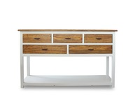 Table console Ovid en teck massif et bois d'acajou, avec une combinaison de couleurs blanches et naturelles pour l'intérieur