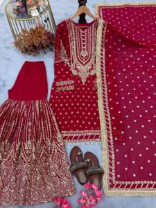 Presentando el nuevo diseñador Top Plazzo con Dupatta Set Faux Georgette Fabric Heavy Look para mujer Fiesta y ropa festiva por exportación - Product Image 5