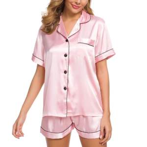 Pijama de satén de manga corta para mujer, ropa de dormir suave, cierre de botón, patrón sólido, venta al por mayor - Product Image 3