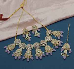 Nuevo diseño elegante chapado en oro tradicional Motipearl & Drop Kundan tachonado gargantilla collar pendiente Mangtika conjunto y conjunto de joyería Niña - Product Image 3