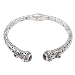 Brazalete de Plata de Ley 925 hecho a mano artesano bohemio con amatista, joyería religiosa cristiana para regalos, precio al por mayor a granel - Product Image 1