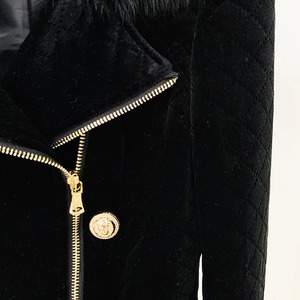 <b>Women's</b> New Designer Black <b>Velvet</b> Blazer <b>Jacket</b> with Stand Fox Fur Collar and Double Zipper Short Motorcycle Outfits - Product Image 6