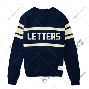 OEM personalizado hombres algodón cuello redondo suéter de punto de manga larga patrón de letras Vintage rayas pulóver Letterman suéter - Product Image 2