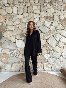 Conjunto de 2 piezas informal de diseño de moda para mujer, conjunto de chándal de verano con camisa de manga larga con botones y pantalones Beige - Product Image 6