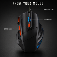 Souris de jeu filaire USB avec rétroéclairage RVB 3600 DPI à 7 boutons avec capteur optique pour PC, ordinateur portable, bureau et e-sport