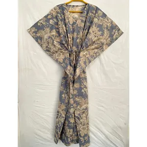 Vestido Kaftán de Algodón con Estampado Floral Gris para Mujer, Traje de Baño, Ropa de Playa - Product Image 1