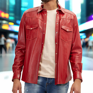 เสื้อเชิ๊ตหนังเทียมสำหรับผู้ชาย, เสื้อเชิ๊ตแขนยาวลำลองเสื้อเชิ๊ตผู้ชายหนังวัวแท้ซิปขึ้น - Product Image 3
