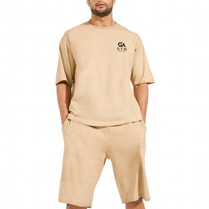 Ensemble short et t-shirt GYM Active pour homme, personnalisable avec logo, en jersey Spandex/Coton, respirant, pour l'été, décontracté, poids lourd, couleur unie, col ras du cou - Product Image 2