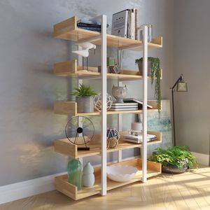 White Iron Frame <b>Bookshelf</b> with Wood Finish Standing Type for Living Room Decor-SFKS007 - Product Image 1