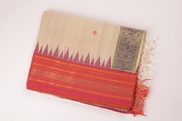Sari en coton et soie tissé à la main de qualité supérieure avec bordure contrastante en zari rouge |   Collection élégante de vêtements de fête et de mariage pour femmes
