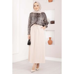 Beige Leather <b>Skirt</b> <b>Elastic</b> Waist Comfortable Breathable Cotton Plain Style Pocket Detail Print Decoration Size XS for Spring - Product Image 3
