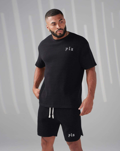 Ensemble short d'été deux pièces coupe ample avec logo personnalisé, t-shirt et short imprimés sérigraphiés avec patchs effet vieilli, tissu respirant - Product Image 5