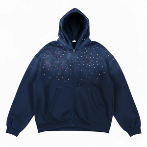 เสื้อฮู้ดดี้ผ้าฝ้ายทรงโอเวอร์ไซส์ สไตล์ Y2K ล้างสีแบบ Acid Wash ประดับคริสตัลหลากสีตามสั่ง เสื้อฮู้ดดี้ทรงบ็อกซี่แบบสวมหัว มีซิป สำหรับผู้ชาย - Product Image 2