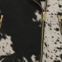 Veste de motard en cuir de vachette véritable pour homme, avec fourrure, noire et blanche, fermeture éclair asymétrique, col montant, imperméable, style western streetwear