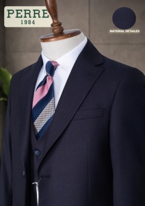 Costume d'affaires pour homme PERRE bleu marine style britannique, double boutonnage, col mandarin, tissu peigné, coupe classique, grandes tailles - Product Image 2